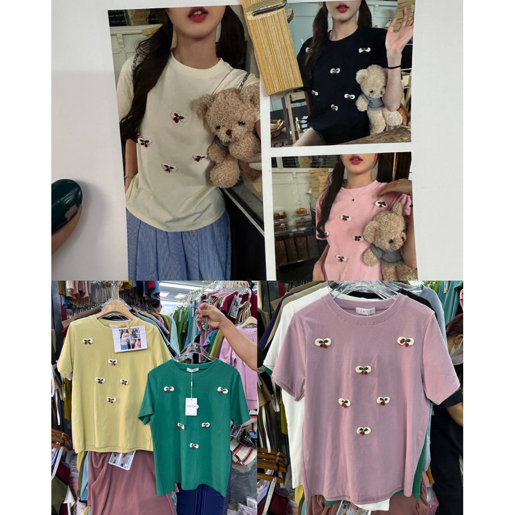M2M-482 Basic Top with 4D Embossed Cherry Motif แขนสั้น เสื้อยืดผู้หญิง Bkk