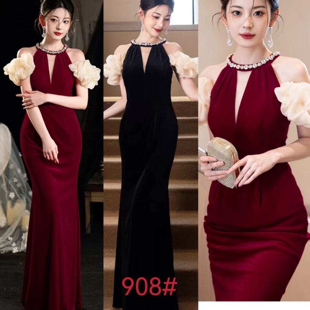 Mermaid Longdress 908 แขนพัฟเปิดไหล่เพชรคล้องคอ