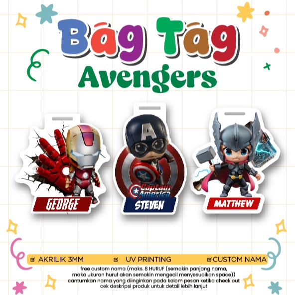 GANTUNGAN Custom Acrylic Bagtag Avengers Captain America – พิมพ์ 2 ด้าน | ป้ายชื่อกระเป๋านักเรียนที่