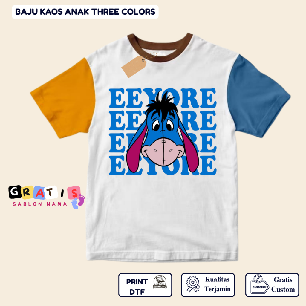 Dmoond - เสื้อยืดเด็ก EEYORE - เสื้อยืดเด็กสั้น Dino สามสี - เสื้อยืดเด็กพร้อมการพิมพ์ชื่อ