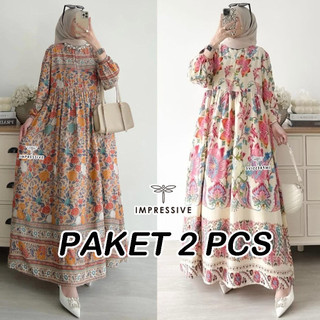 PAKET 2 PCS GAMIS FLORA MIDI DRESS WANITA MUSLIM DEWASA KATUN RAYON MOTIF BUNGA PANJANG BUSUI WUDHU FRIENDLY Fit