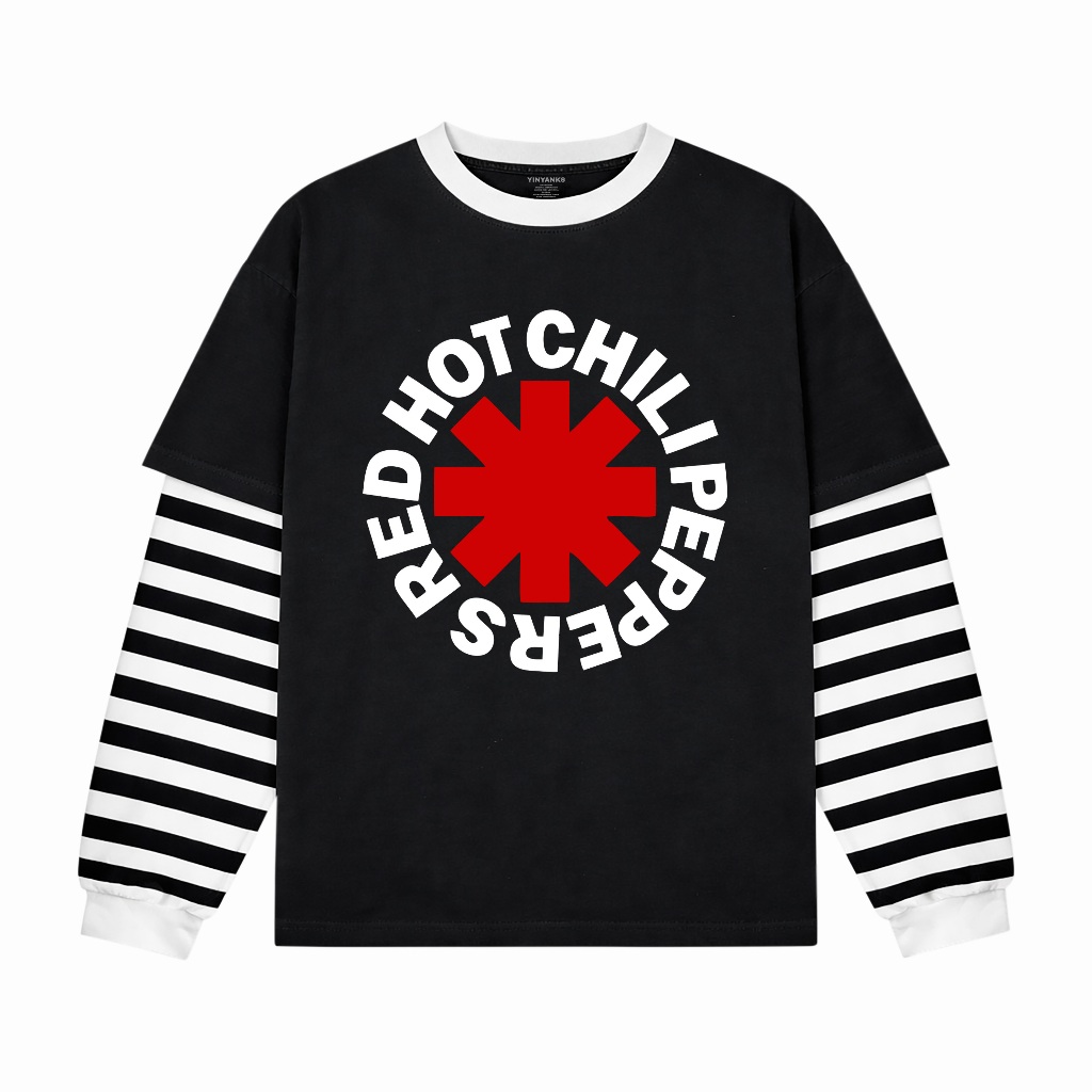 เสื้อยืดขนาดกลาง Double layer Rib Striped Rhcp Logo เสื้อยืดผู้ชายและผู้หญิงแขนยาว