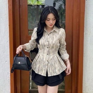 Need - Kemeja Rampel Wanita Lengan Panjang Fit Body Look Fitted Casual Daily Formal Motif Pinstripe Abstrak Korean Style
