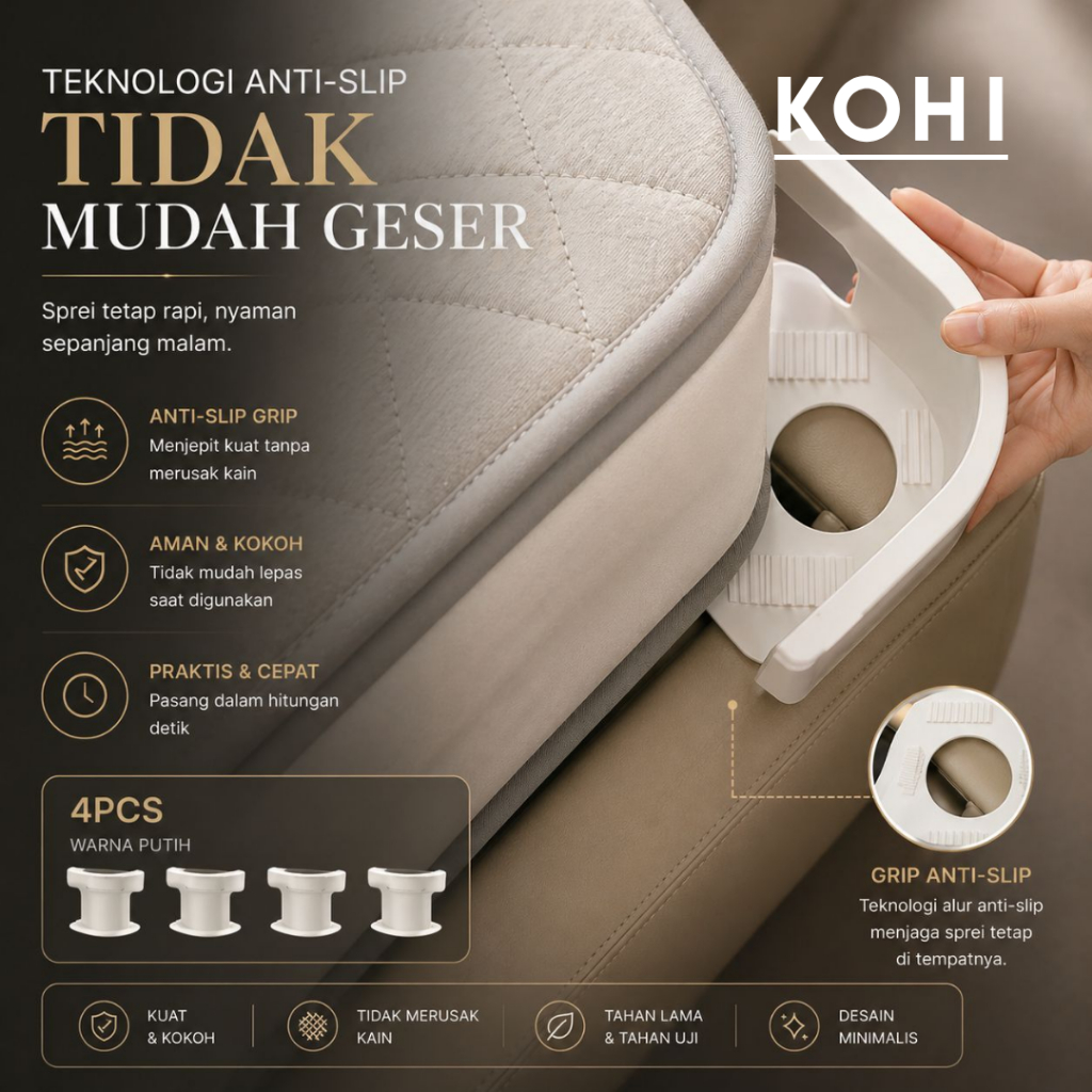 KOHI Bed Lock ชุดผ้าปูที่นอนป้องกันเลื่อน ชุดล็อคมุมที่นอนเรียบร้อย 4 ชิ้น