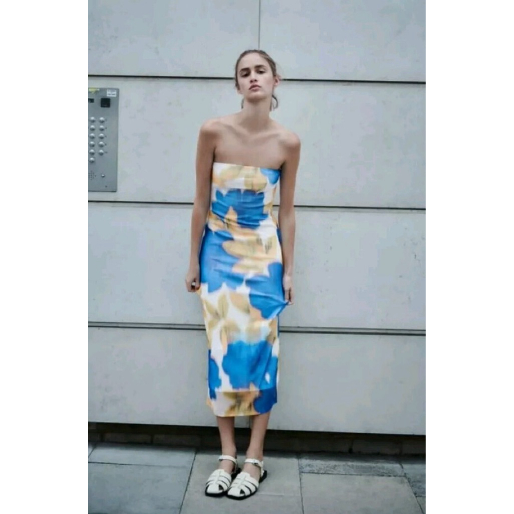 Zara Midi Dress Floral Double Layer Strapless Mesh Tulle