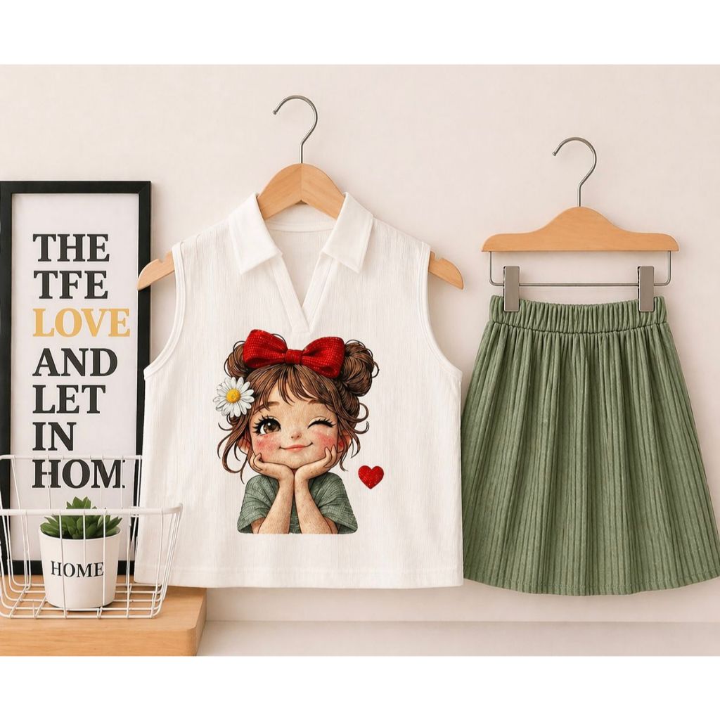 GIRLS SUITS 1-5 YEARS OLD PLEATED SKIRT + SLEEVELESS TOP WITH CUTE CHARACTERS
