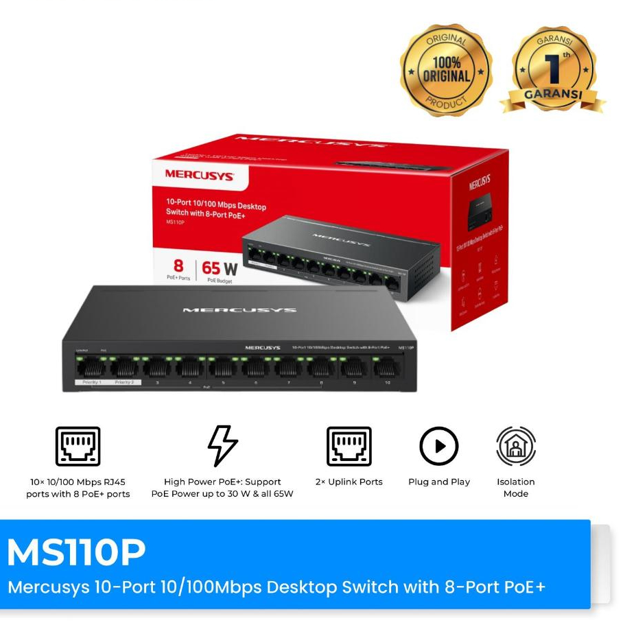 MERCUSYS MS110P 10-Port 10/100Mbps Desktop Switch พร้อม 8-Port PoE+ - MS110P