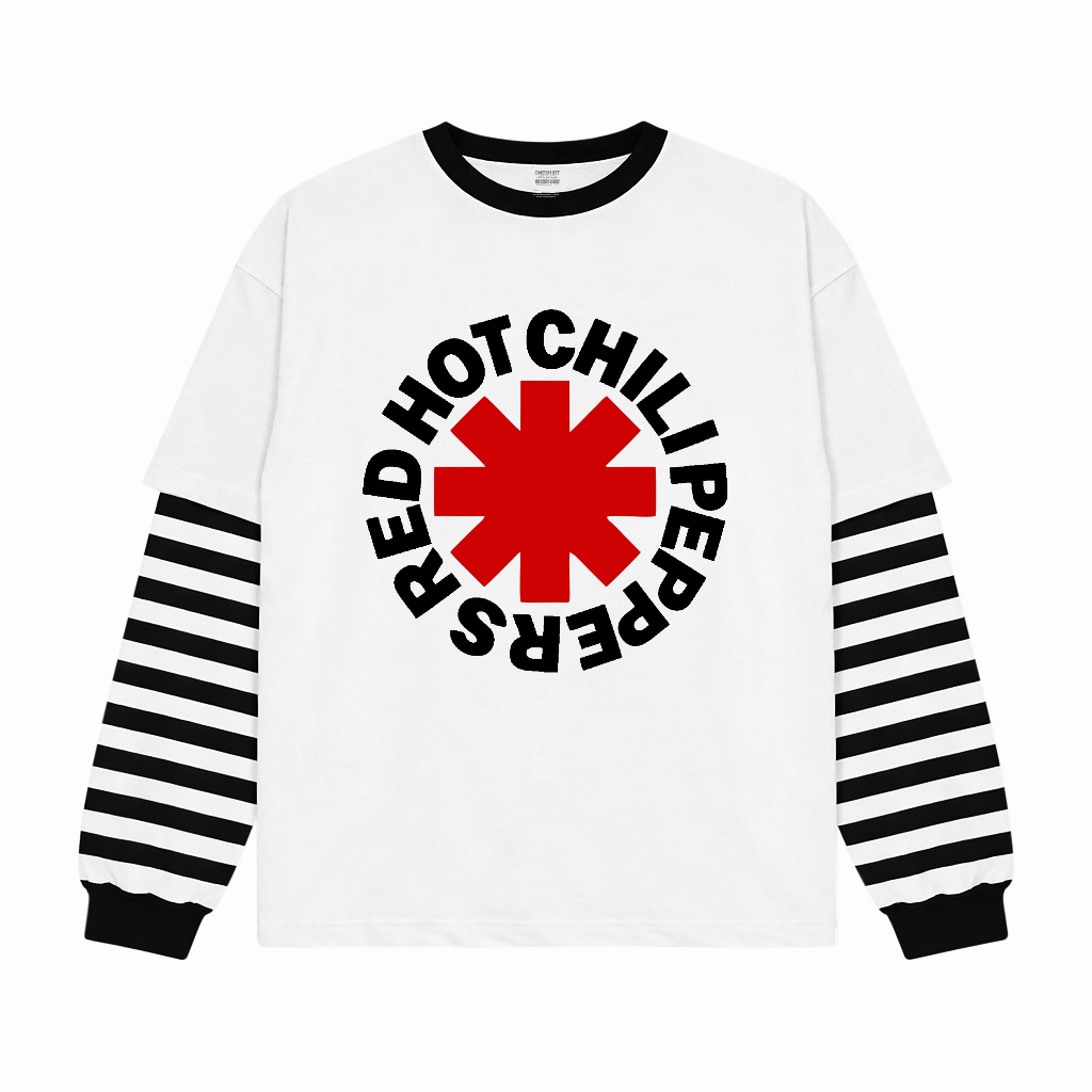 Oneshirt เสื้อยืด Double layer Rib Striped Rhcp Logo เสื้อยืดแขนยาวผู้ชายและผู้หญิง