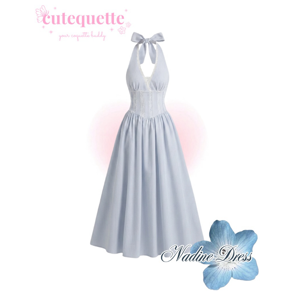 NADINE DRESS – Blue Halter Lace Ribbon Elegant Long Dress สีฟ้าน่ารัก Coquette | น่ารัก