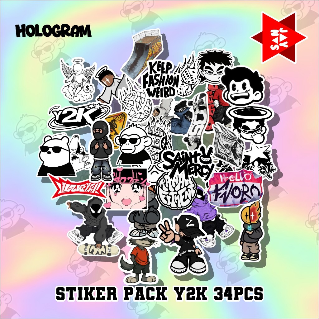 Y2K HOLOGRAM STICKER PACK 34PCS Y2K STICKER PACK COOL HOLOGRAM STICKER PACK