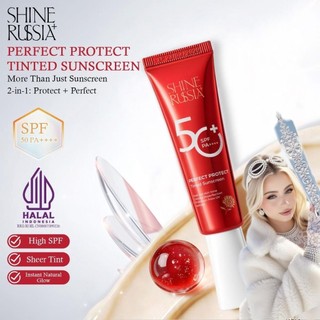 Shine Russia+ TINTED SUNSCREEN Perfect Protect SPF 50 PA++++ 2 IN 1 dengan Sheer Tint & Glow Alami untuk Perlindungan Matahari Optimal + Wajah Yang Sempurna - Halal