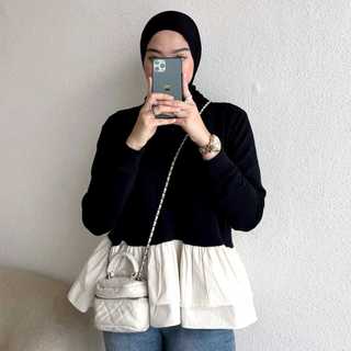 Blouse Peplum Knit Mix Poplin Nerina Blouse Rample Wanita Lengan Panjang