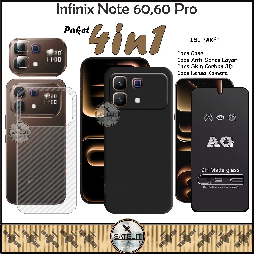 แพ็คเกจเคสกระจกนิรภัย 4-in-1 AG Matte Infinix Note 60 60 Pro Softcase Liquid Black