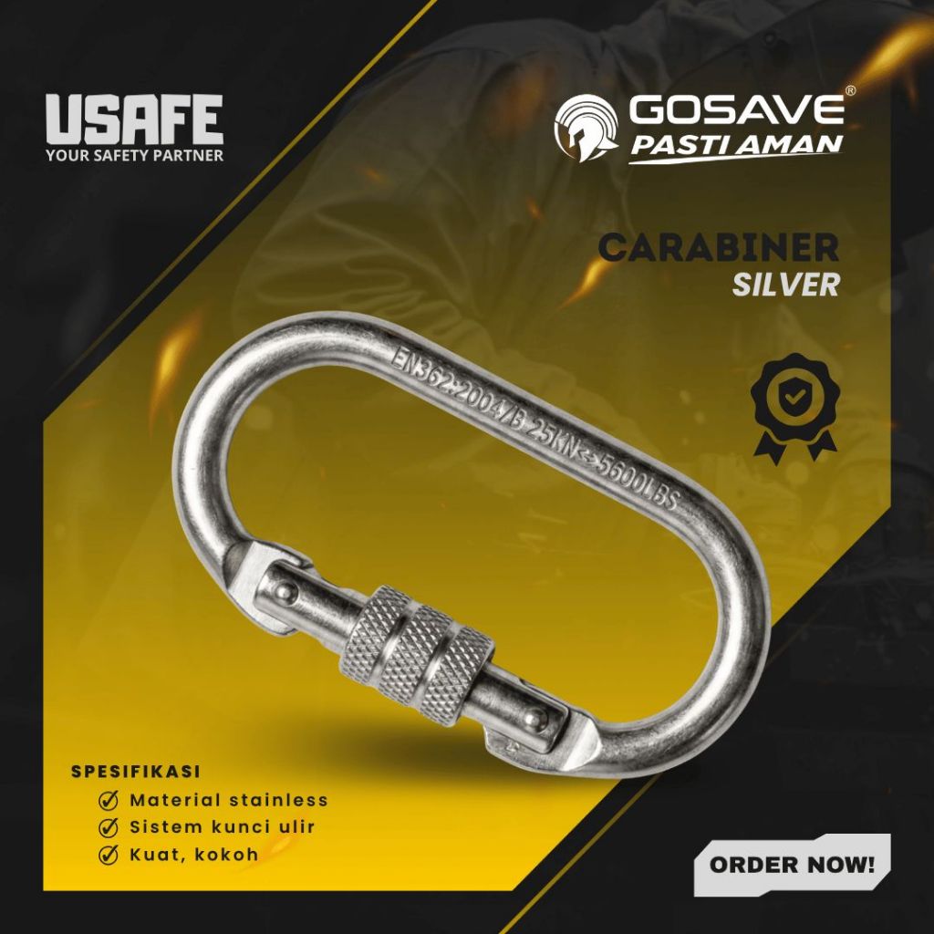 GOSAVE คาราบิเนอร์นิรภัยสแตนเลสพร้อมล็อคเกลียว 25KN EN362