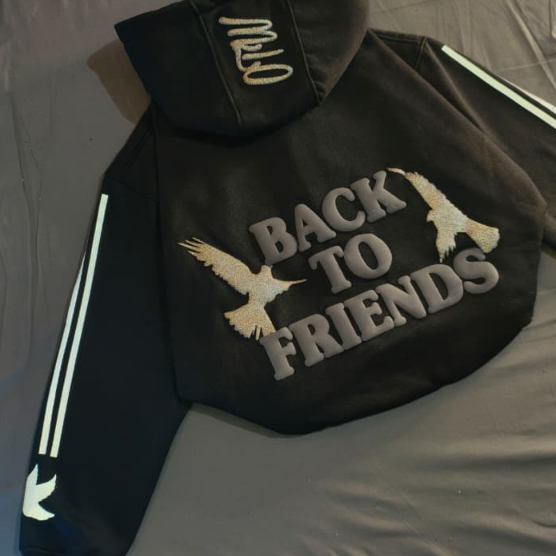 BACK TO FRIENDS DLRCK HOODIE BOXY DOUBLE ZIPPER REFLECTIVE PLASTISOL PUFF INK 300 GSM DELAROCKA