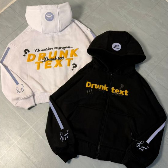 DRUNK TEXT HOODIE BOXY DOUBLE ZIPPER REFLECTIVE PLASTOL PUFF INK 300 GSM DELAROCKA SHERPA CAP