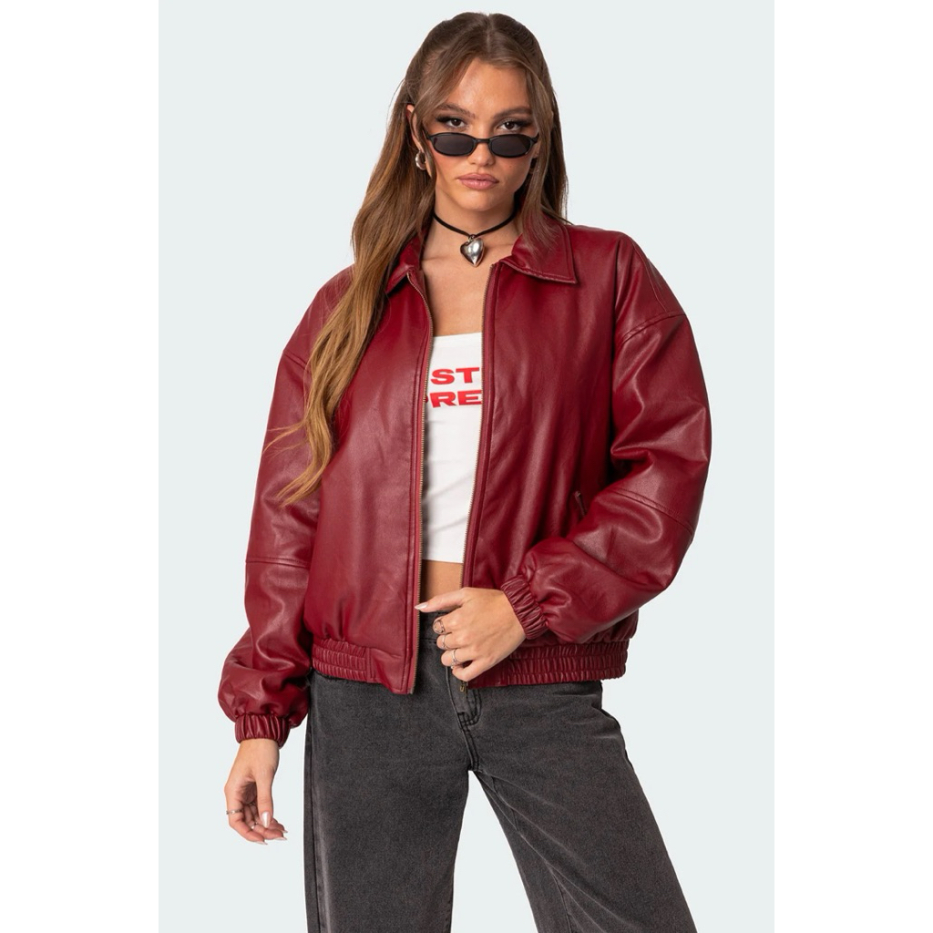 HanifoLeather.id-Halley Maroon Leather Bomber Jacket