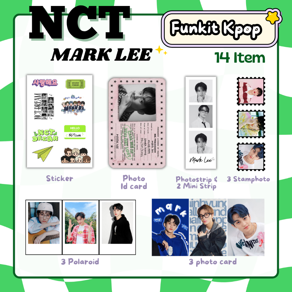 Fankit Kpop NCT Mark Lee 14 Item สติ๊กเกอร์, บัตรรูปถ่าย, การ์ดรูปถ่าย, รูปถ่ายแสตมป์ | NCT DREAM MARK LEE FANKIT