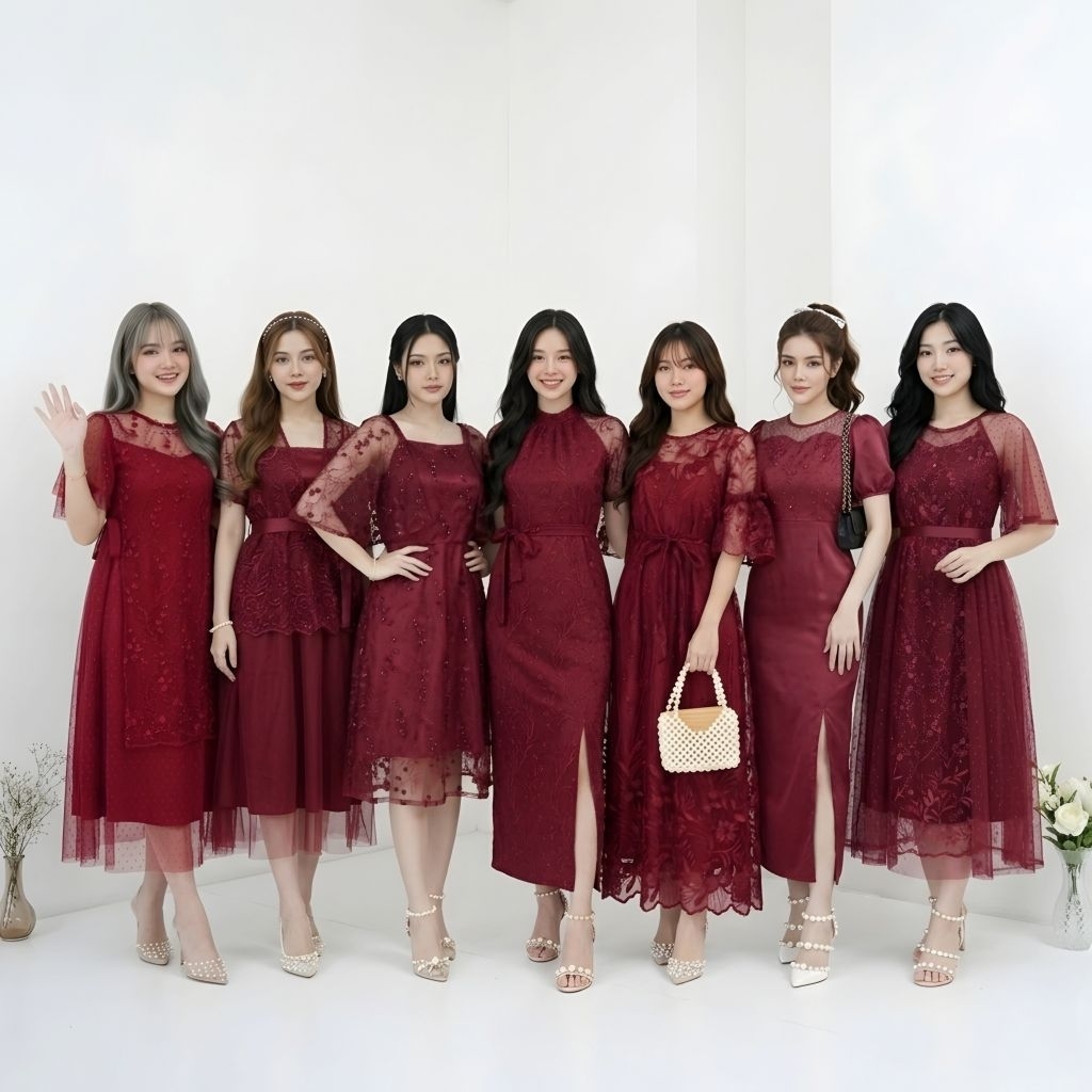 MERAH Maroon Christmas Dress Edition Brocade Dress สําหรับเชิญปาร์ตี้ชุดเพื่อนเจ้าสาว Maroon หรูหรา 