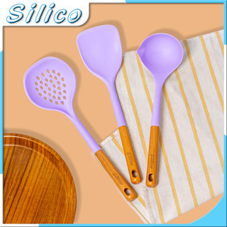 Silico Cooking Utensils Set Gagang Kayu 3 Jenis Ungu Spatula Alat Masak Silikon Anti Lengket Tahan Panas