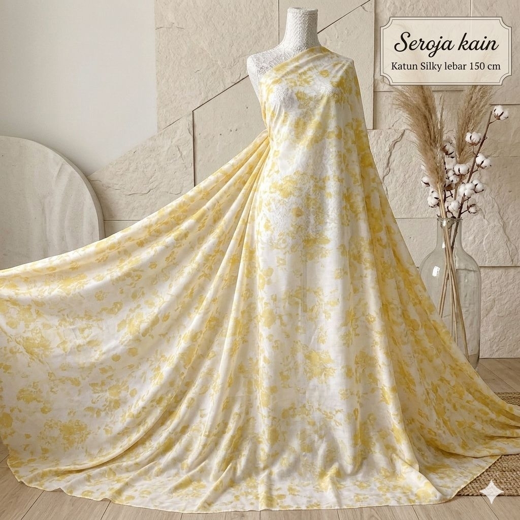 KATUN MAWAR ผ้าคอตตอน Silky พรีเมี่ยมลายดอกกุหลาบสีเหลืองนุ่ม กว้าง 150 ซม. Kyt