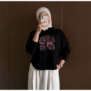 Floral Id - Kaos Panjang Wanita Petal Top Bordir Bunga Lengan Panjang Nyaman untuk Daily dengan Desain Bunga Elegan