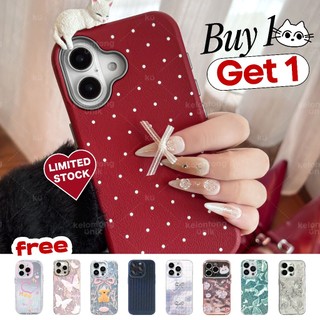 [BUY 1 GET 1] KELONTONG UNIK | 3D Red Polka Lazy Kittty Leather Hippers Case Cat Kucing - Hardcase/ Casing HP for iPhone 11 12 13 14 15 16 17 PRO PROMAX PLUS ,CILK-003