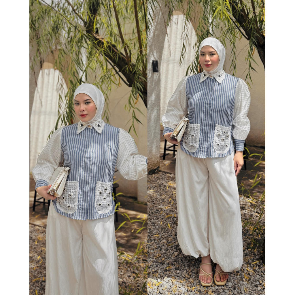 KEMEJA B5624 เสื้อเชิ้ตลายมีกระเป๋า Mote