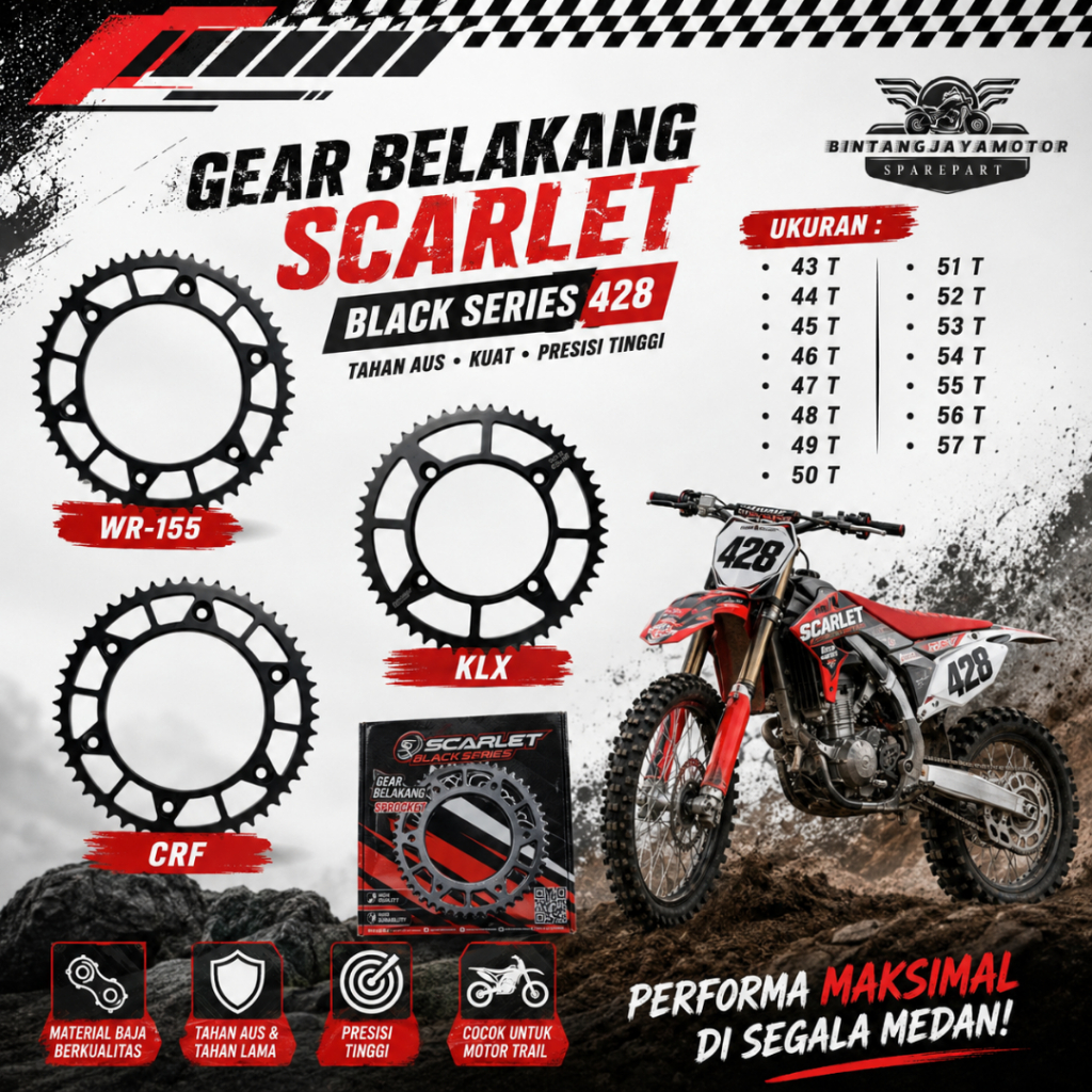 เกียร์หลัง Scarlet Black Series 428 KLX CRF WR (43T–57T) Original Scarlet