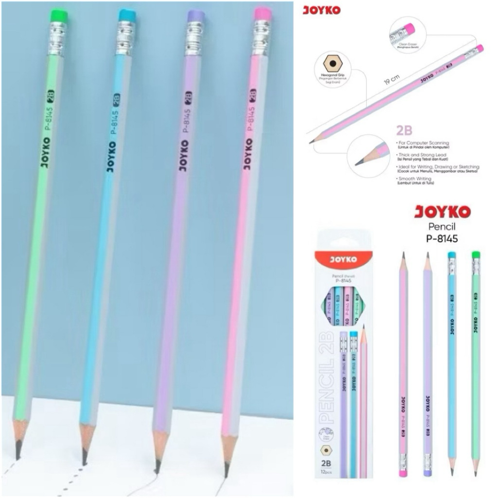 12 ชิ้น - ดินสอ 2B + ยางลบหกเหลี่ยม P8145 ดินสอสีพาสเทล