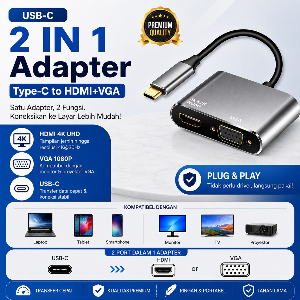 อะแดปเตอร์ USB C เป็น HDMI/VGA, 4K HDMI/1080P VGA USB-C 2in1 Hub Thunderbolt 3 เป็นตัวแปลง HDMI/VGA