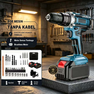 Mesin Bor Cordless/Bor Baterai/ Bor Listrik/Beton Besi Kayu Baterai Tangan Cordless Drill Battery impact drill Cordless Electric Drill Impact Cordless Electric Drill Full Set Pilihan Bor Tanpa Kabel