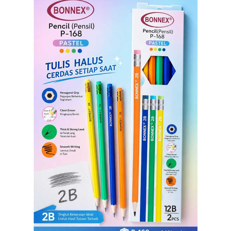 (12pc) BONNEX 2B PENCIL พร้อมปลายและโกนแล้ว P-168