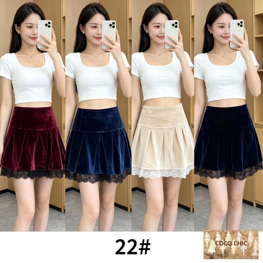 กระโปรง MIni ลูกไม้แฟชั่น JR | กระโปรงสั้นลูกไม้กํามะหยี่ (JR6521)