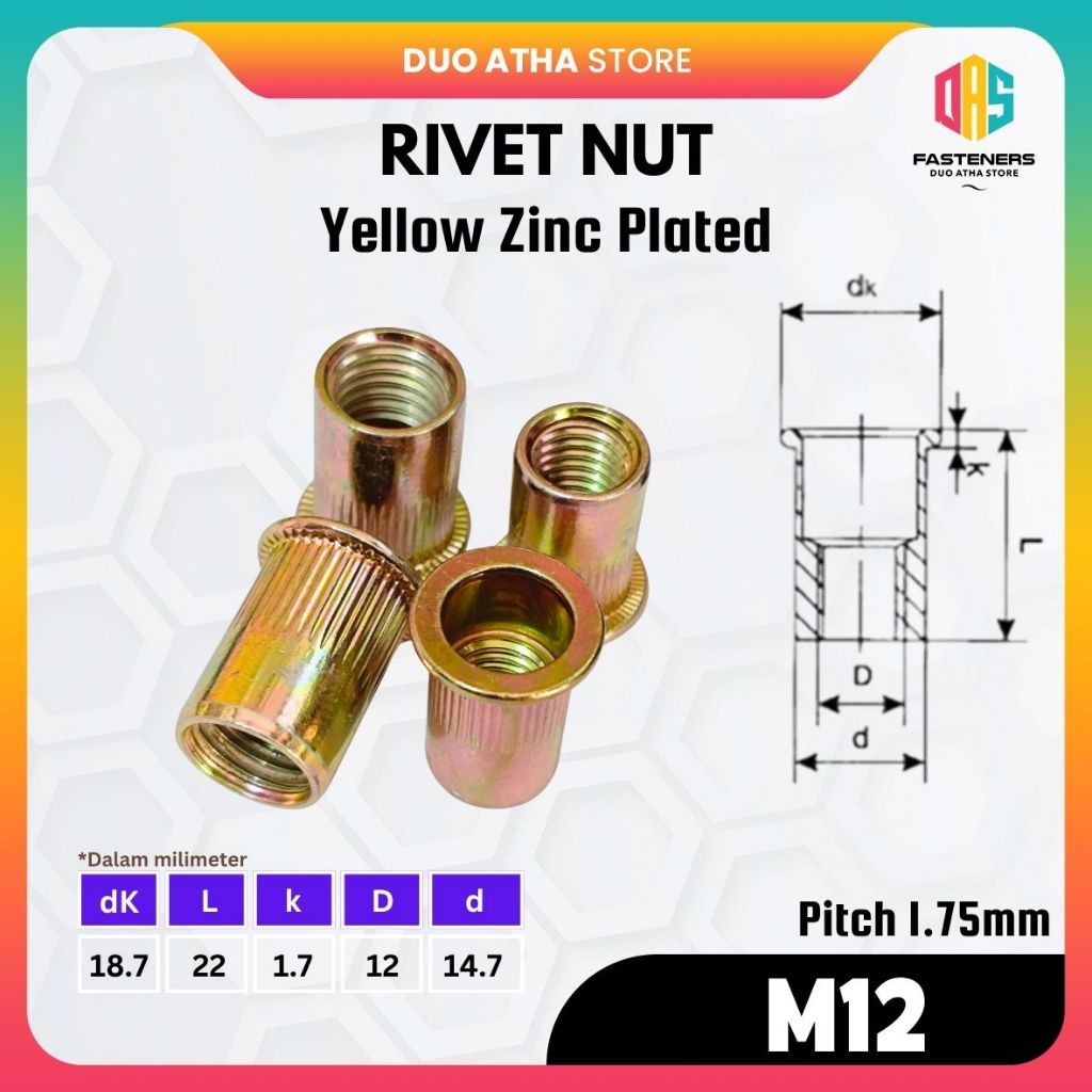 น็อตหมุดย้ํา M12 สีเหลือง / น็อตหมุดย้ํา M12 สีเหลือง / ใส่ M12 / น็อต Sert