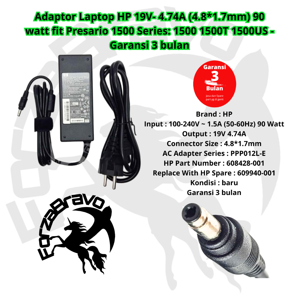 HP Laptop Charger 19V- 4.74A (4.8*1.7mm) 90 วัตต์ ใส่ nc4000 nc4010 nc4200 nc6000 - ใหม่ รับประกัน 3