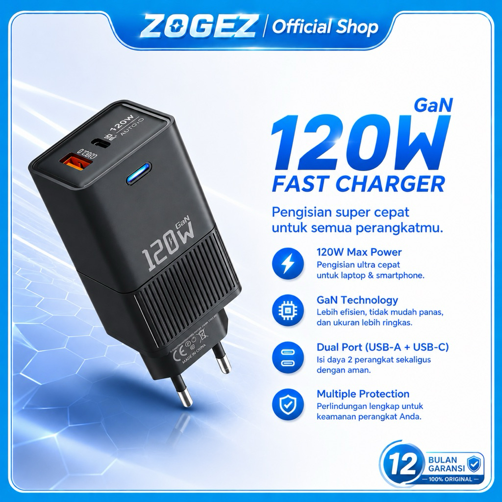 ZOGEZ ZQ-08 Charger 120W USB A + USB Type-C Travel Adapter Dual Port Fast Charging พร้อมตัวบ่งชี้ LE