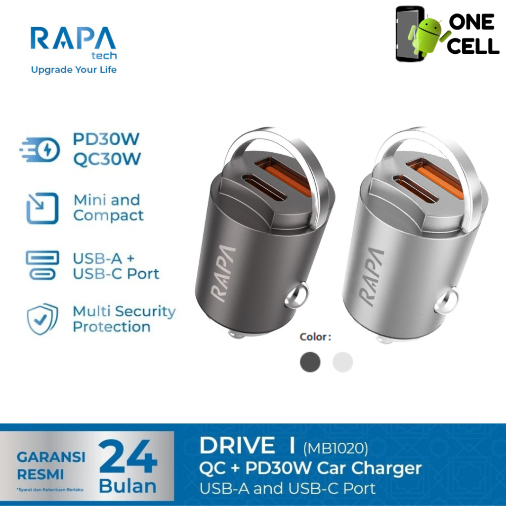 RAPAtech Car Charger อลูมิเนียม 30W Dual Port (Type-C & USB-A) Fast Charging Mini Compact Multi Secu