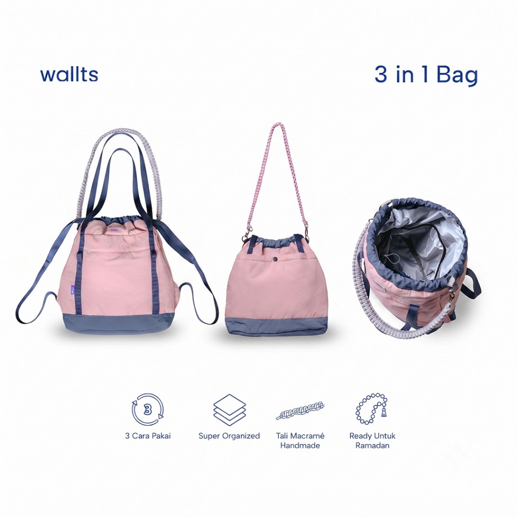 Wallts Oury 3 in 1 Tote Bag Sling Bag กระเป๋าเป้สะพายหลังสําหรับเสื้อผ้าสวดมนต์รอมฎอน