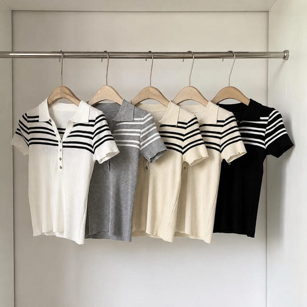 [Hallyu] เสื้อโปโลถักลายทางแขนสั้นผู้หญิง | เสื้อเชิ้ตคอปกแขนสั้นทรงสลิมฟิตสําหรับผู้หญิง | เสื้อถัก