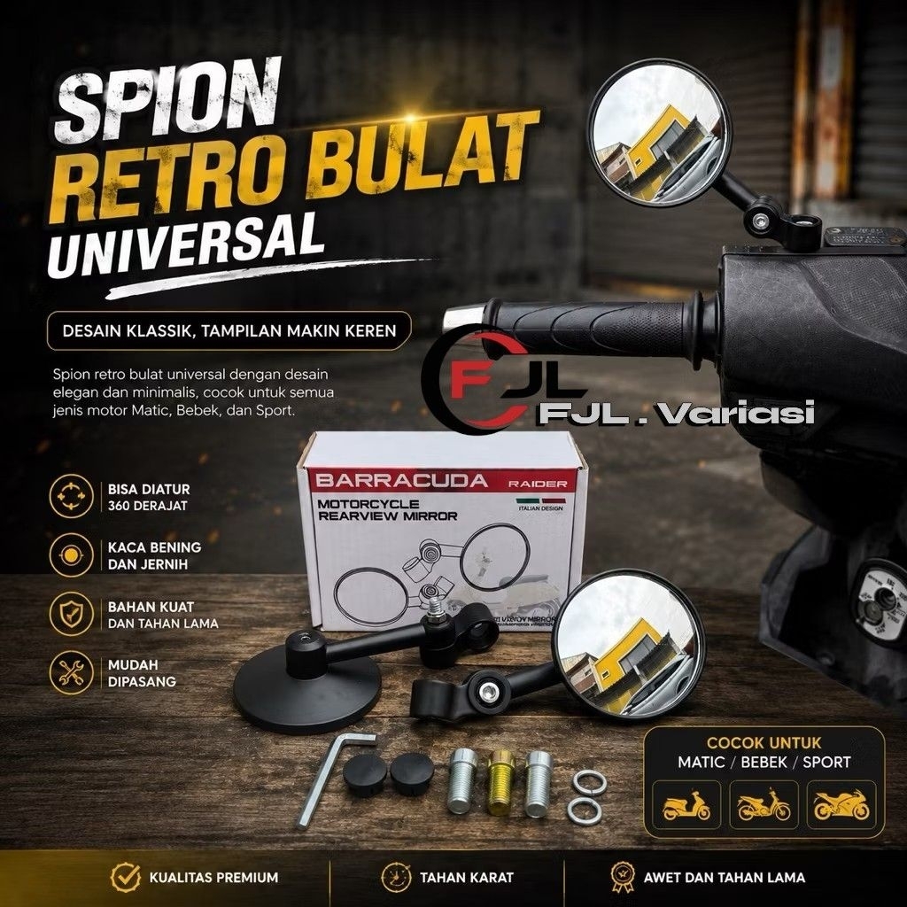 ROUND MIRROR VND RACING MODEL PREMIUM CONVEX UNIVERSAL VESPA SCOOPY FINO BEAT FAZIZIO VARIO