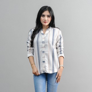 KINDIS - Blouse Kemeja Salur Wanita Lengan Panjang – Bahan Cotton Adem | Atasan Cewek Kekinian