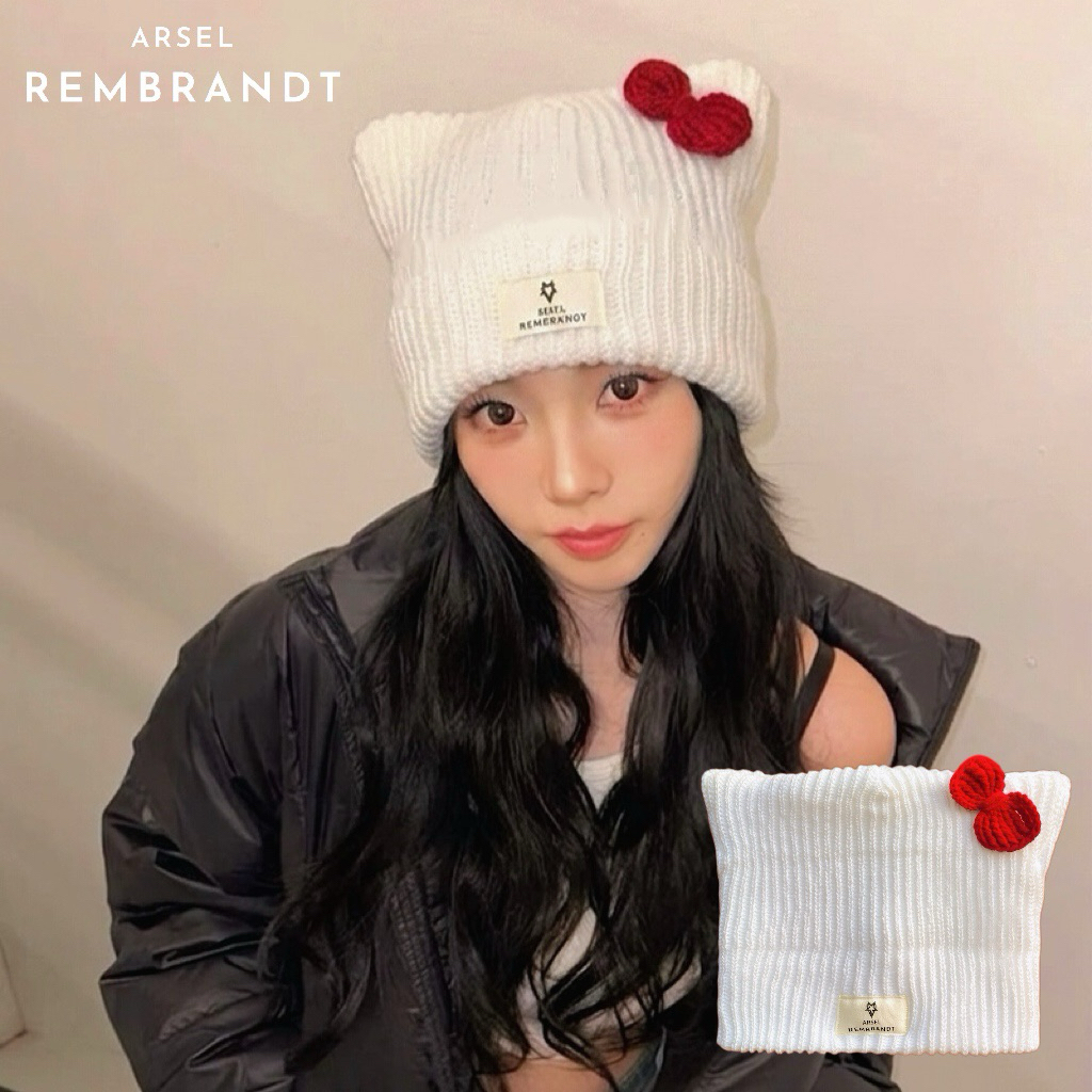 MERAH ARSEL REMBRANDT Beanie Hat พรีเมี่ยมหนา Hello Kitty Red Ribbon,