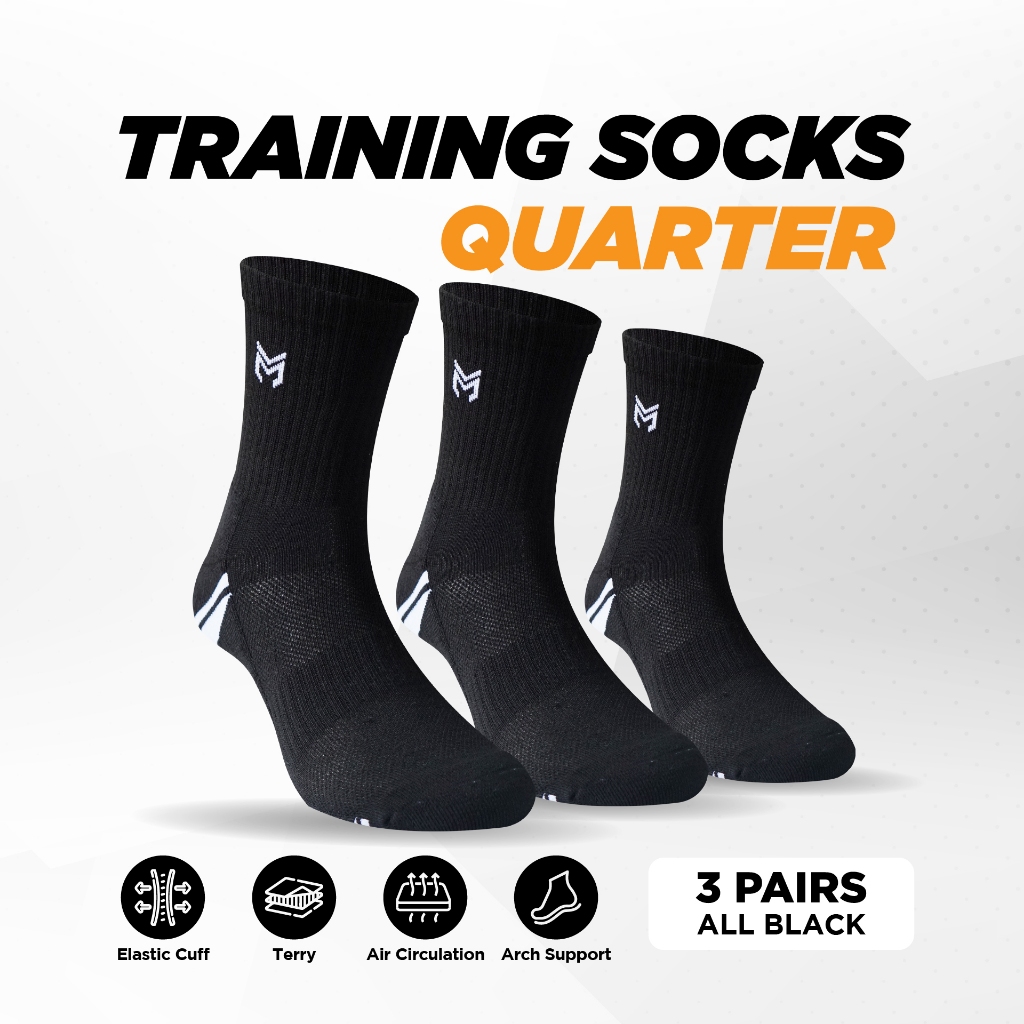 Marel Socks - 3 คู่ Black Quarter Training Socks l Long Black Socks