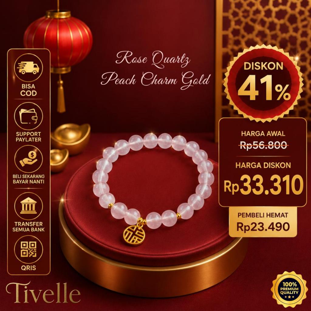 Tivelle Jewelry สร้อยข้อมือทองคําเสน่ห์พีชโรสควอตซ์ | สร้อยข้อมือนําโชคสไตล์มินิมอลหรูหราระดับพรีเมี