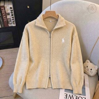 Sweater Jaket Cardigan Wanita Rajut Premium Bordir Horse Risleting Double Zipper Crop Top