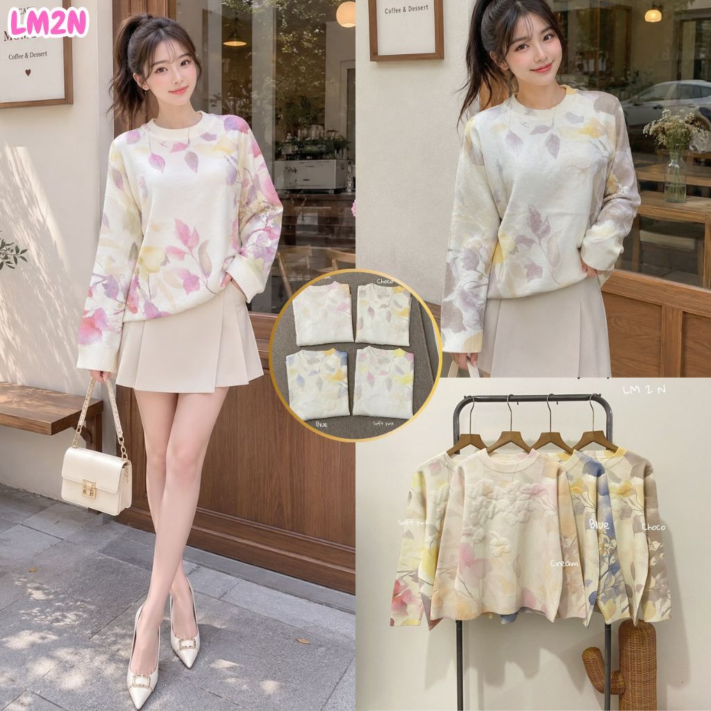 HAPPY SHOP - LM2N WOMENS KNIT TOP WITH FLORAL MOTIF, LONG SLEEVE, PREMIUM, LATEST, FASHIONABLE