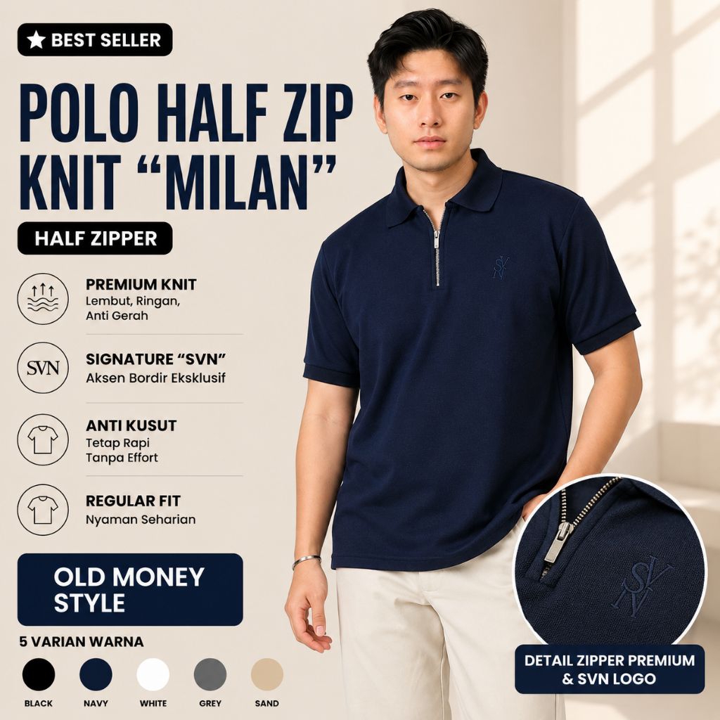 SVN CLUB - เสื้อโปโล Halfzip Knit MILAN Sanvanina | เสื้อยืดคอปกแขนสั้นไหมพรม | โปโลเกาหลี