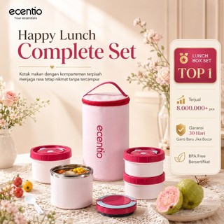[Versi 2.0] ecentio Kotak Makan Lunch Box Set 3PCS 304 Stainless Steel Anti Bocor Anti Tumpah Bento Box Sekat Makanan dengan Tas Bekal Free Sendok BPA Free