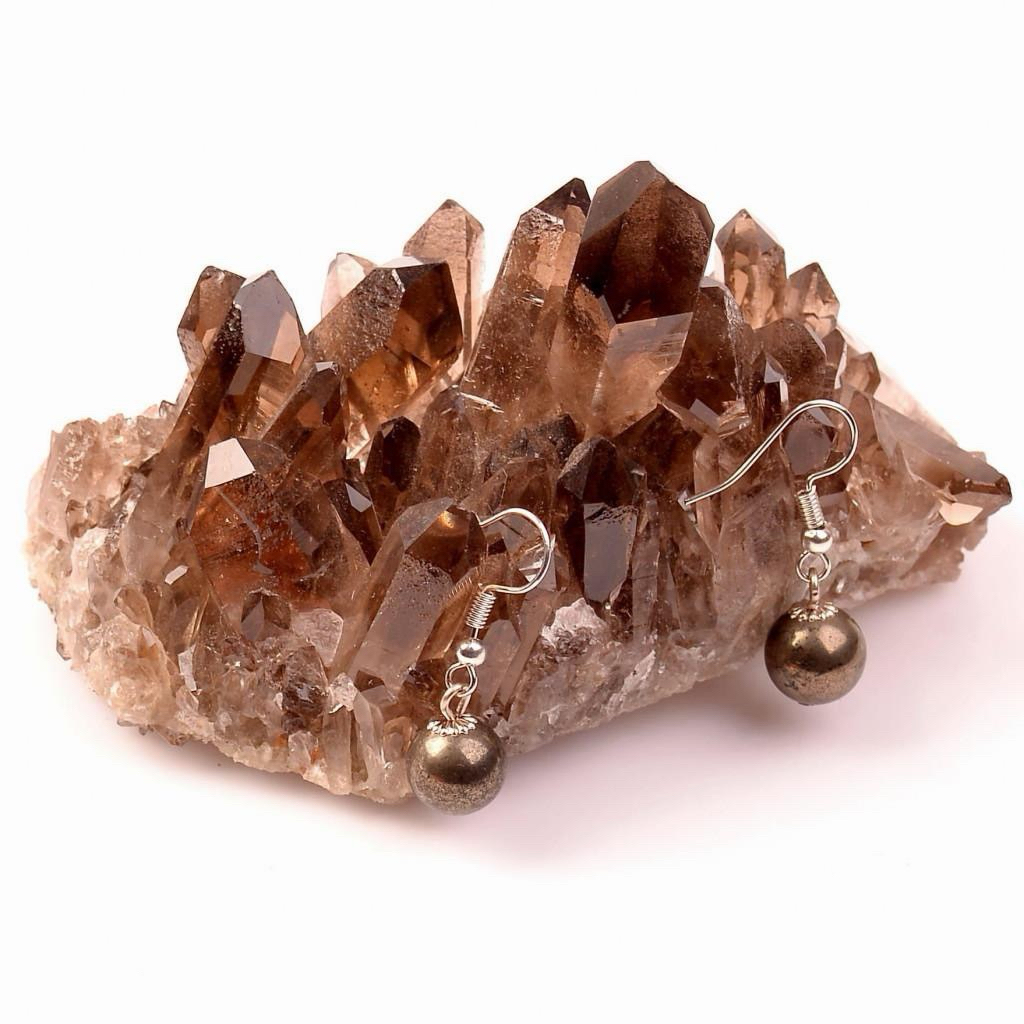 PYRITE STONE WOMEN EARRINGS - MADE IN TURKEY - ต่างหู, ต่างหู, ทอง, ของขวัญ, ทอง, ผู้หญิง, หิน, ของข